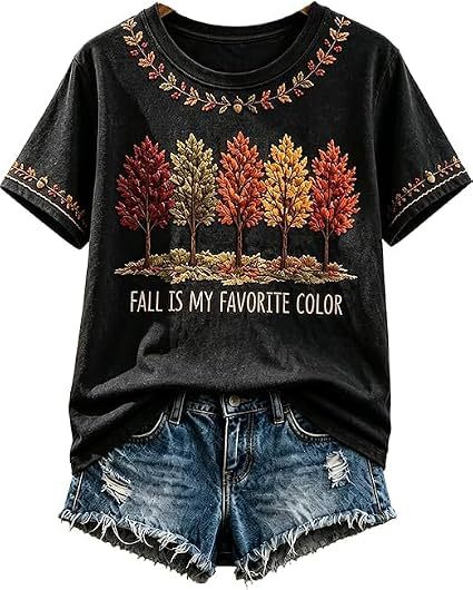 Summer Tree Letter Maple Leaf Print Short Sleeve T-Shirt