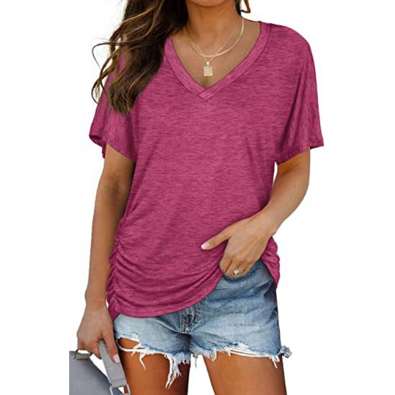 Solid Color Batwing Sleeve V-Neck Side Ruched Short Sleeve T-Shirt