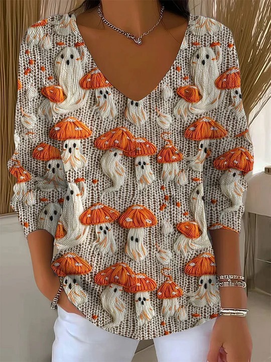 Women's V-Neck Long Sleeve T-Shirt with Animal & Plant Digital Print
