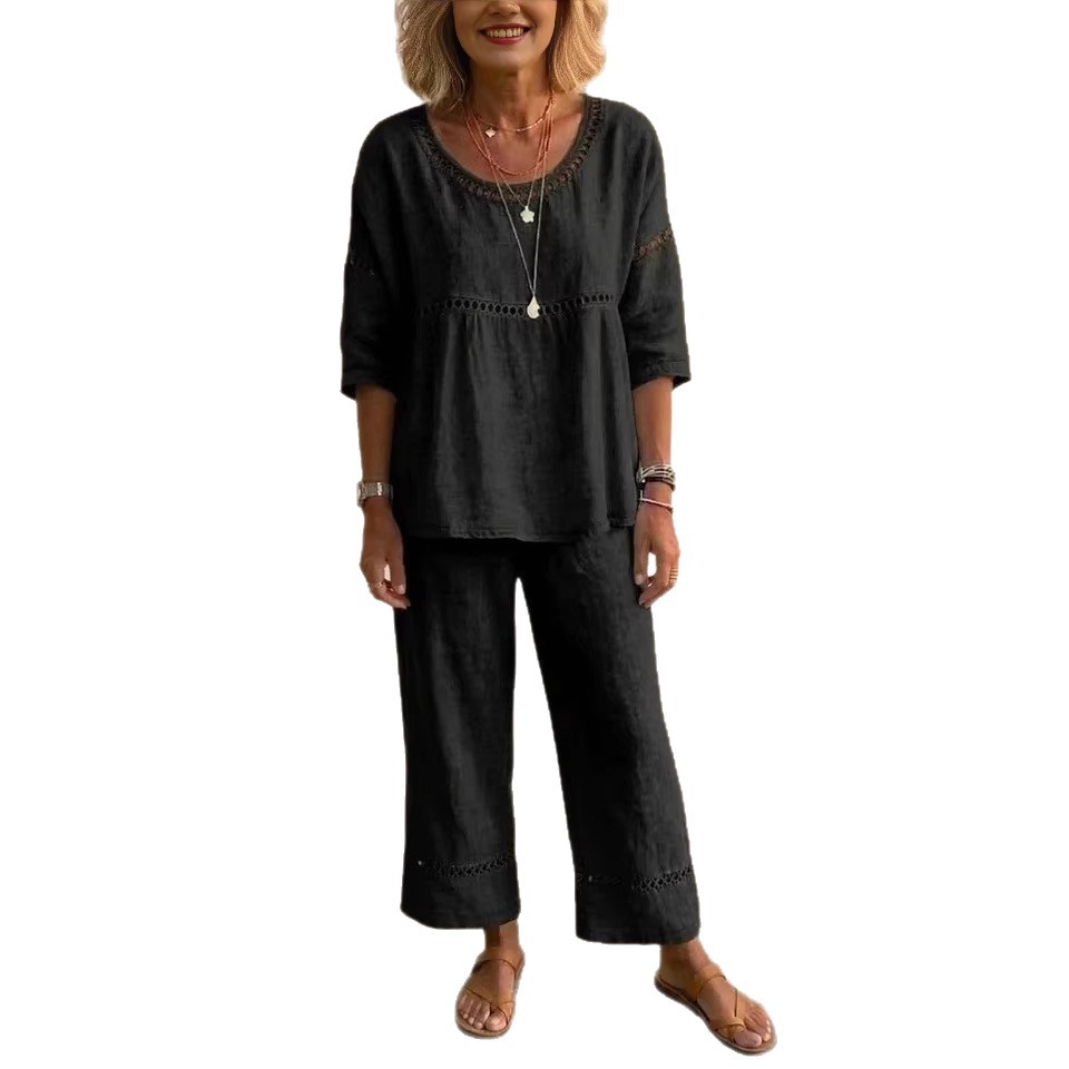 Women's Faux Denim Two-Piece Set – Relaxed Crewneck Lace-Trim Top & Pants
