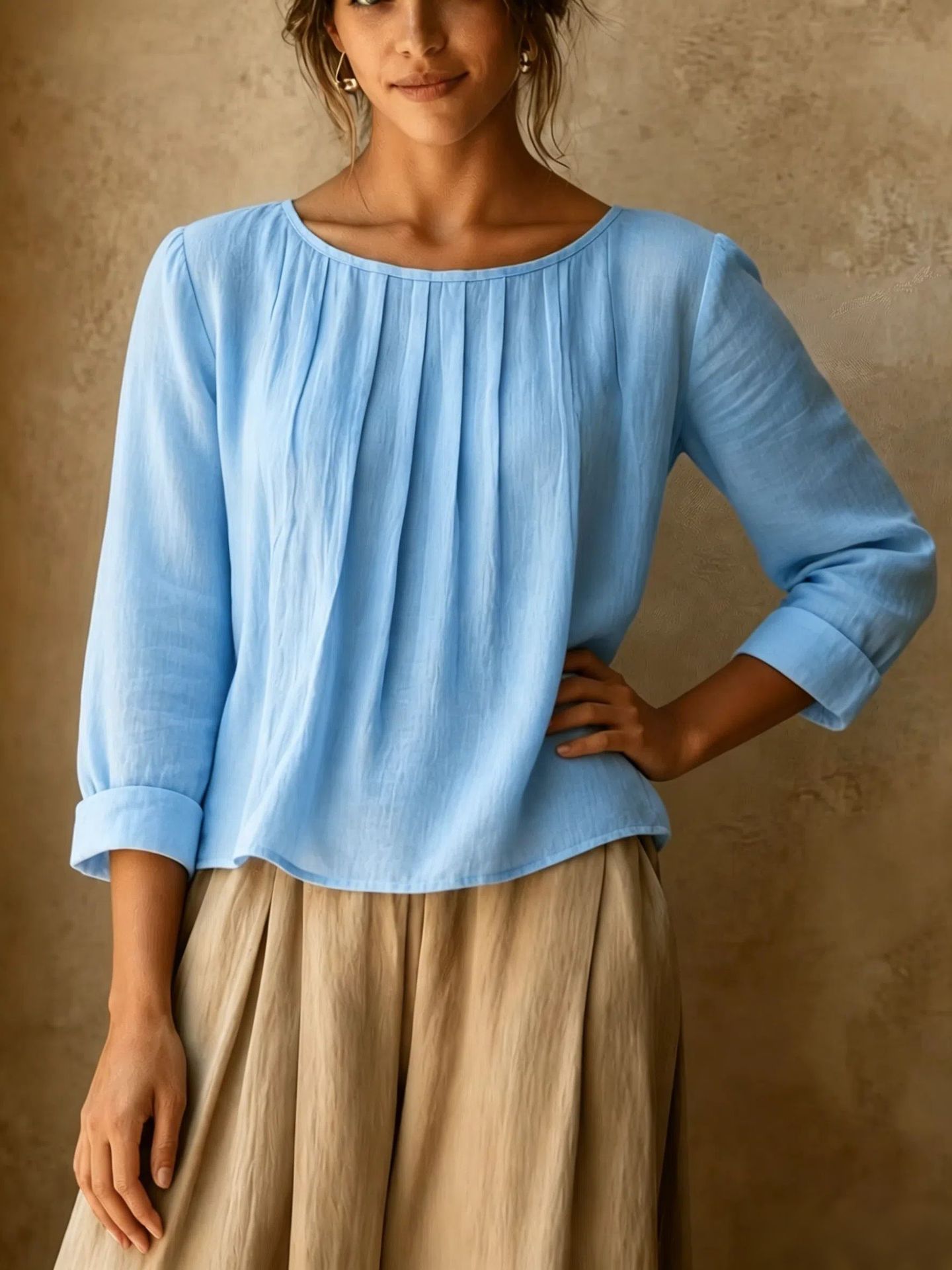 2026 New Cross-Border Summer Women's Cotton-Linen Top Loose Slimming Pleated Round Neck Eight-Sleeve Shirt Solid Color Casual