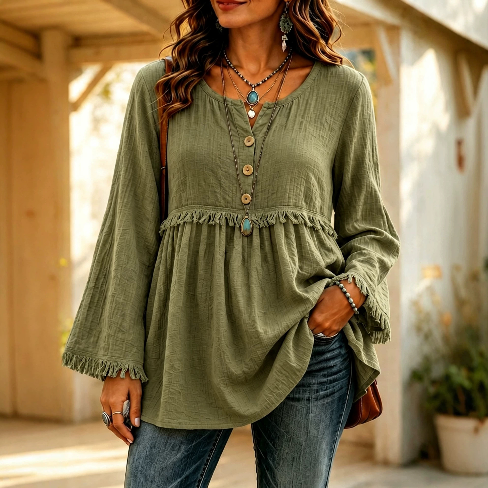 Women's Loose Fit Button Fringe Long Sleeve T-Shirt Solid Color Casual Top