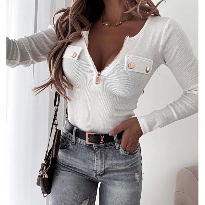 Women's Slim Fit Knit Long Sleeve Zip-Up Top