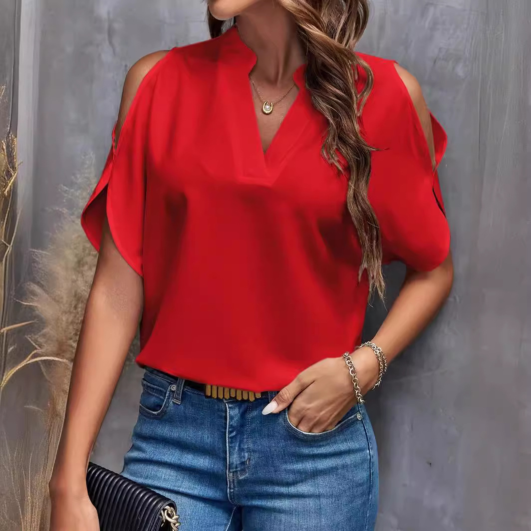 Women's Solid V-Neck Cold-Shoulder Short Sleeve Top