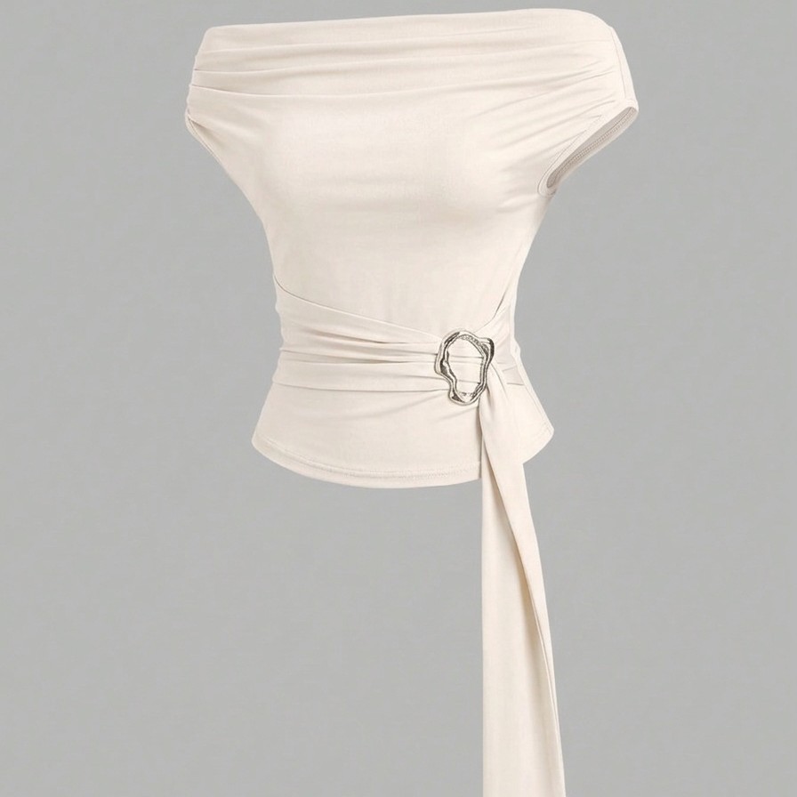 Women's Off-Shoulder Solid Color Top with Metal Buckle and Tie Detail