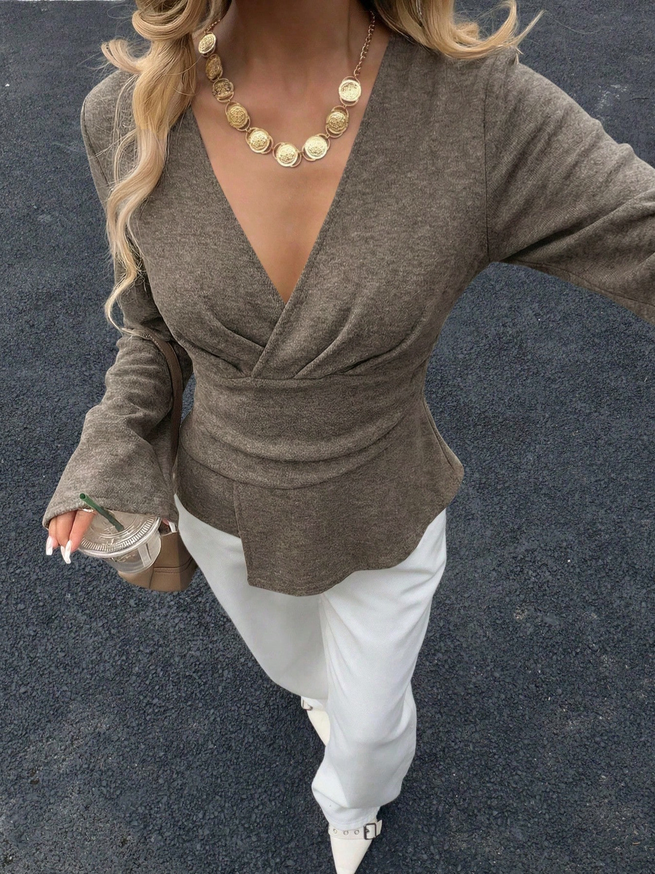 V-Neck Cross-Front Fitted Top with Flared Sleeves and Asymmetric Hem