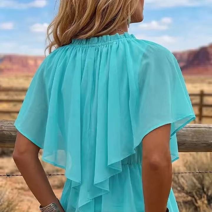 Cross V-Neck Ruched Ruffle Flutter Sleeve Chiffon Top with Cinched Waist and Asymmetrical Hem
