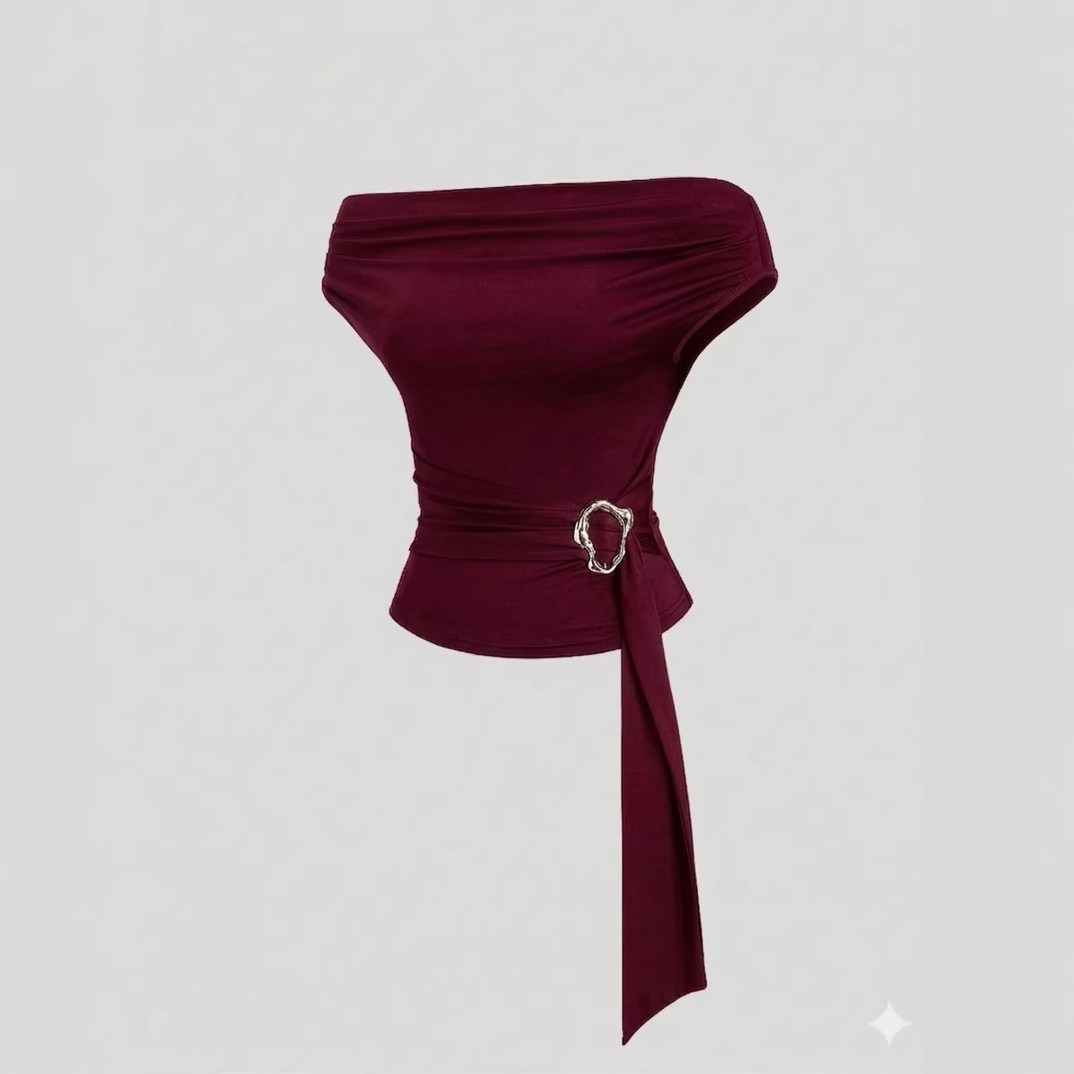 Women's Off-Shoulder Solid Color Top with Metal Buckle and Tie Detail