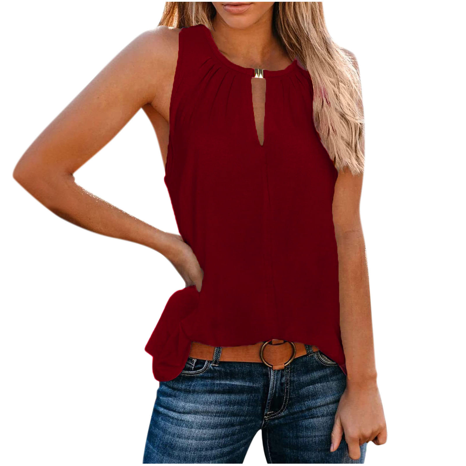 Women's V-Neck Solid Color Tank Top with Buckle Detail