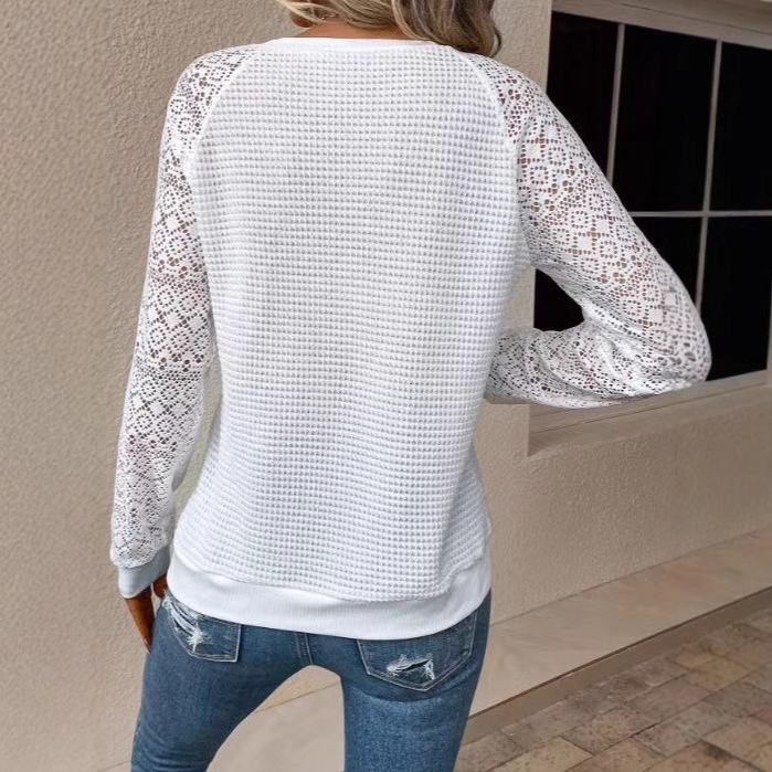 Women's Lace Long Sleeve Hollow Out Crewneck Casual T-Shirt Top
