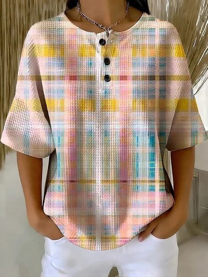 Summer Plaid Floral Print Short Sleeve Button-Up Top