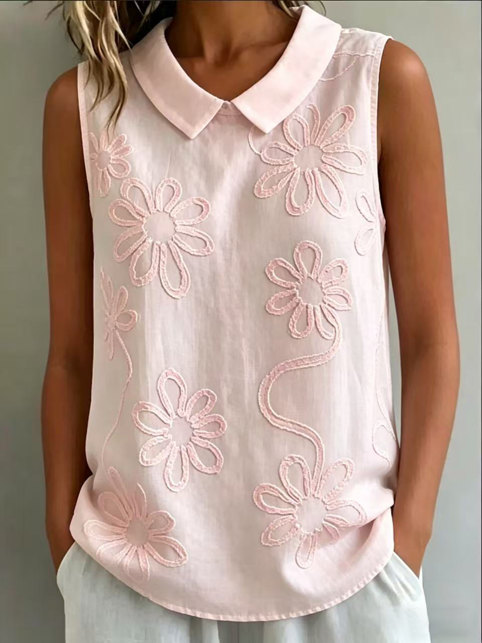Floral Embroidered Sleeveless Tank Top Loose Fit