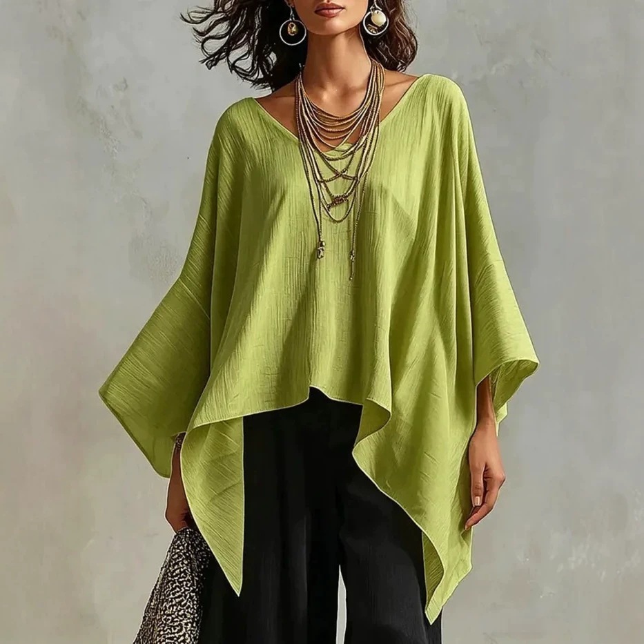 Women's Loose V-Neck Asymmetrical Batwing Sleeve Top Casual Vacation