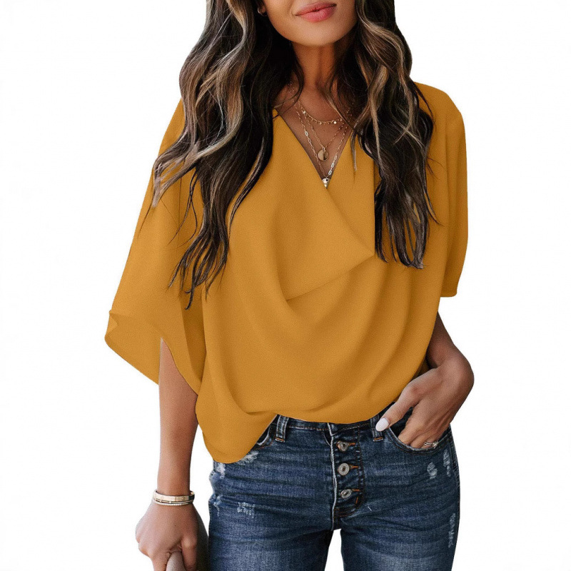 Women's Summer Chiffon V-Neck Loose Short Sleeve Top