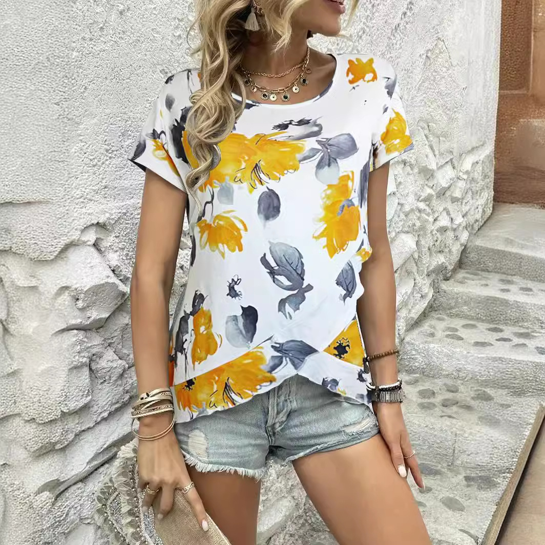 Floral Print Short Sleeve Crewneck Loose T-Shirt