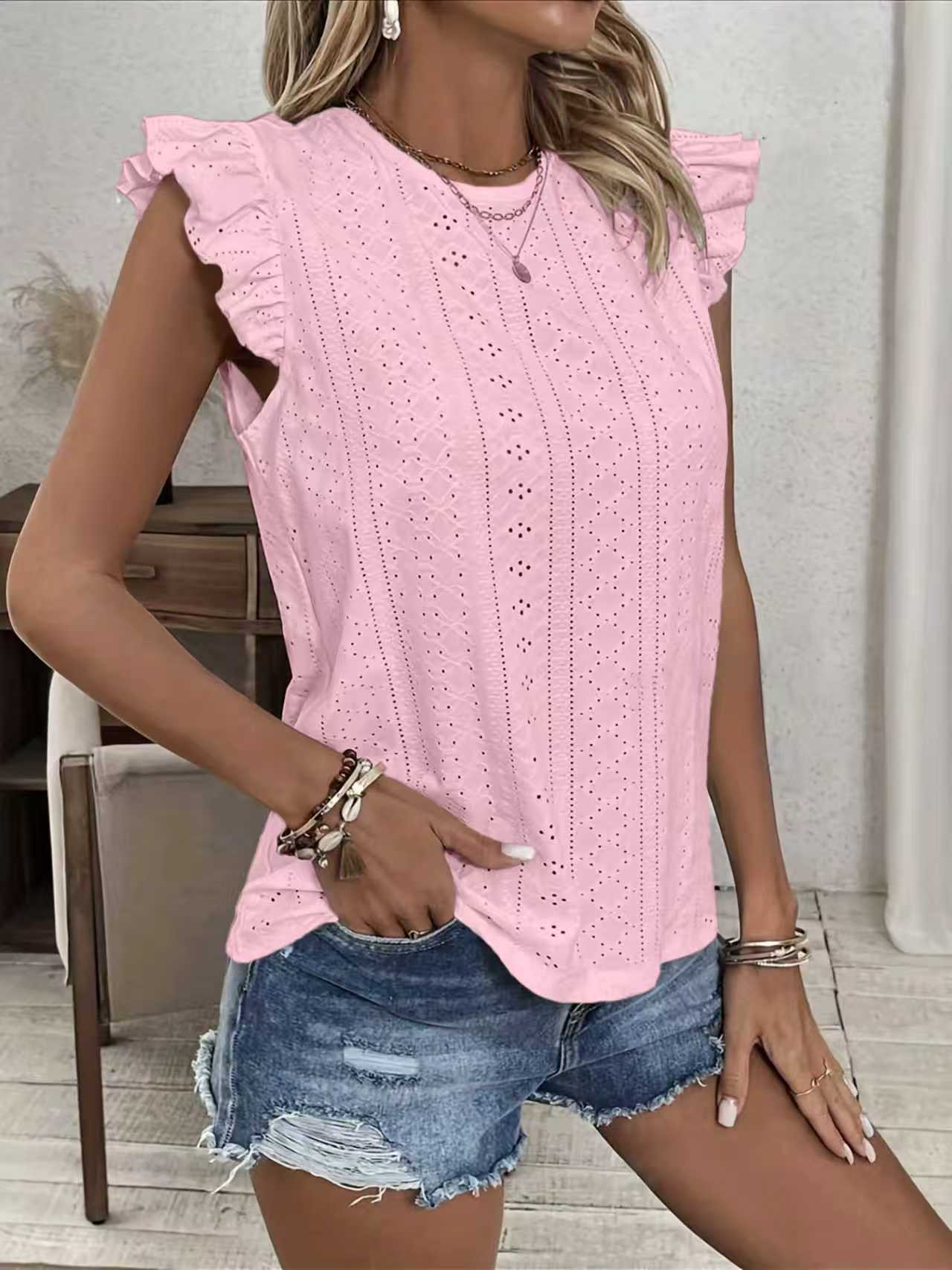Women's Crewneck Ruffle Sleeve Tie-Back Solid Top