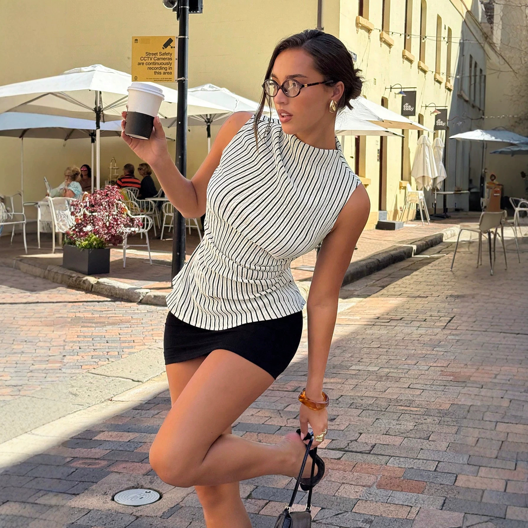 French Striped Halter Sleeveless Top