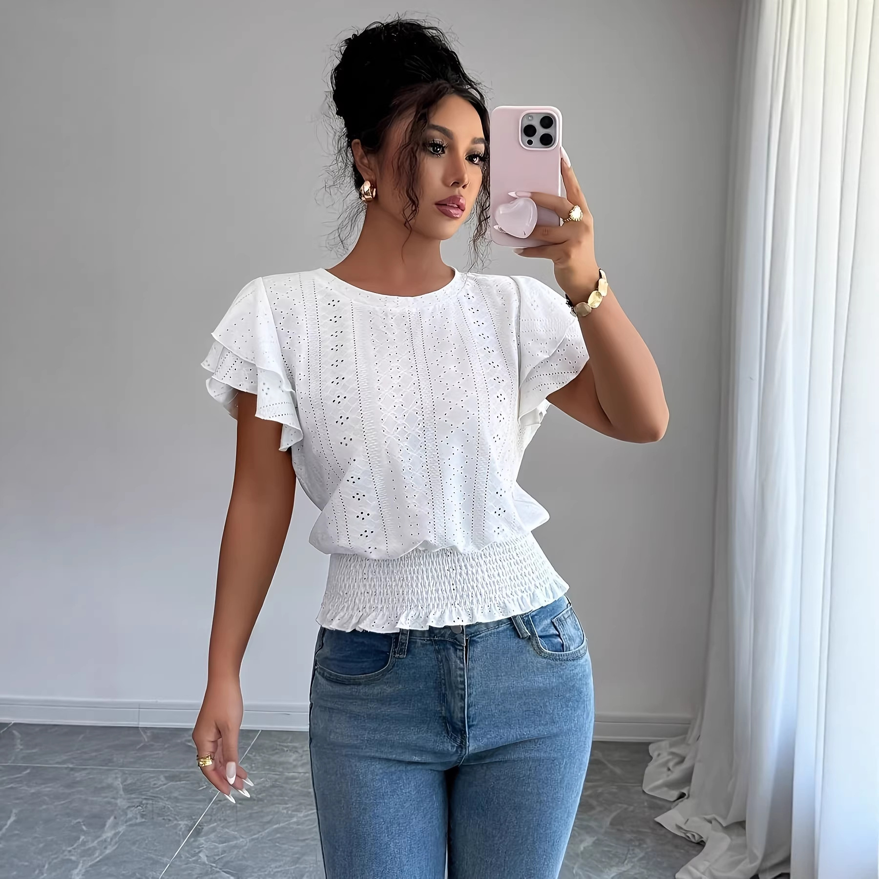 Women's Hollow-Out Ruffle-Sleeve Crewneck Short-Sleeve T-Shirt