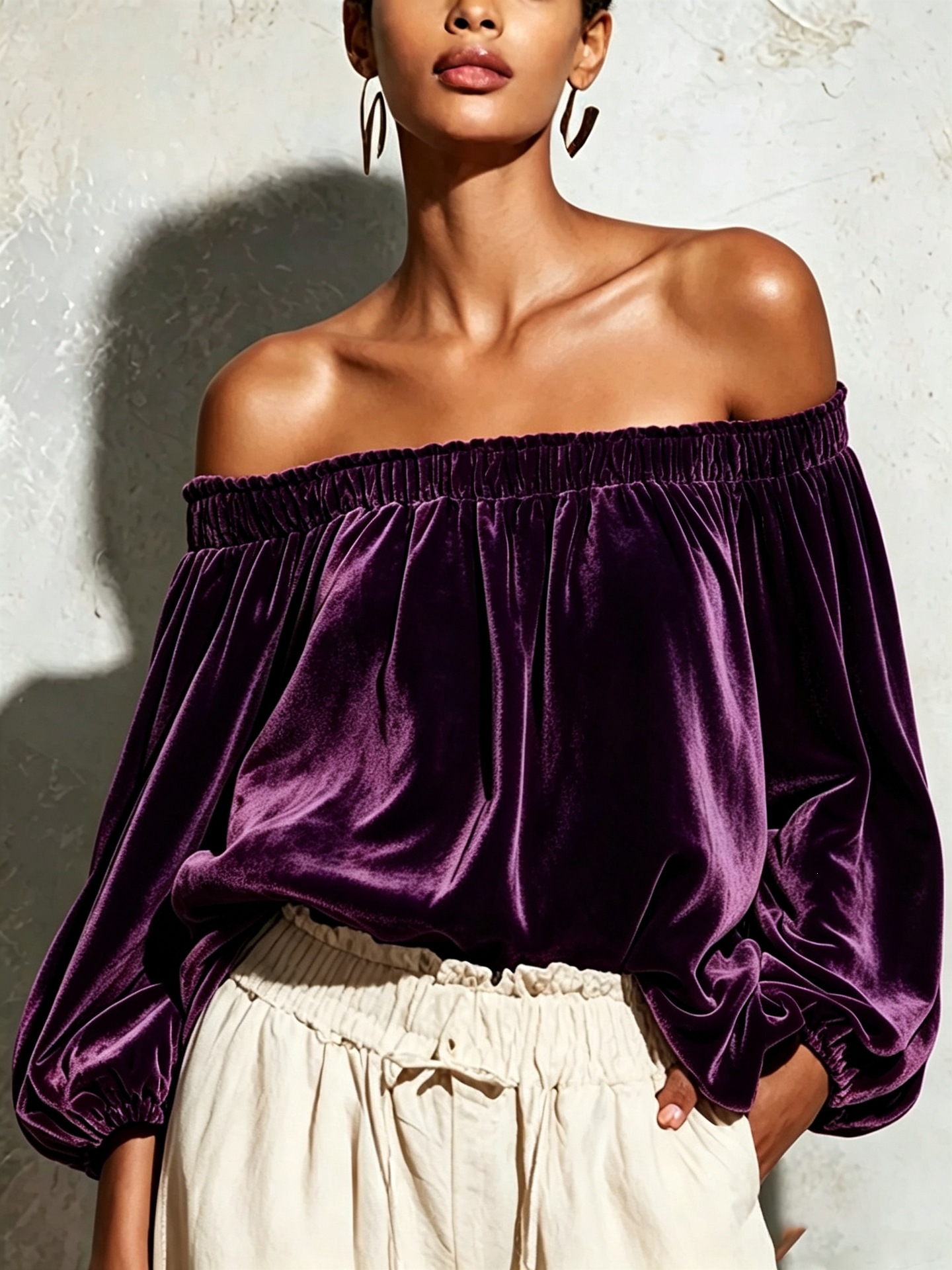 Velvet Off-Shoulder Top with Lantern Sleeves