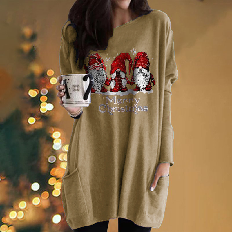 Christmas Santa Print Long-Sleeve Pocket Round-Neck T-Shirt Dress