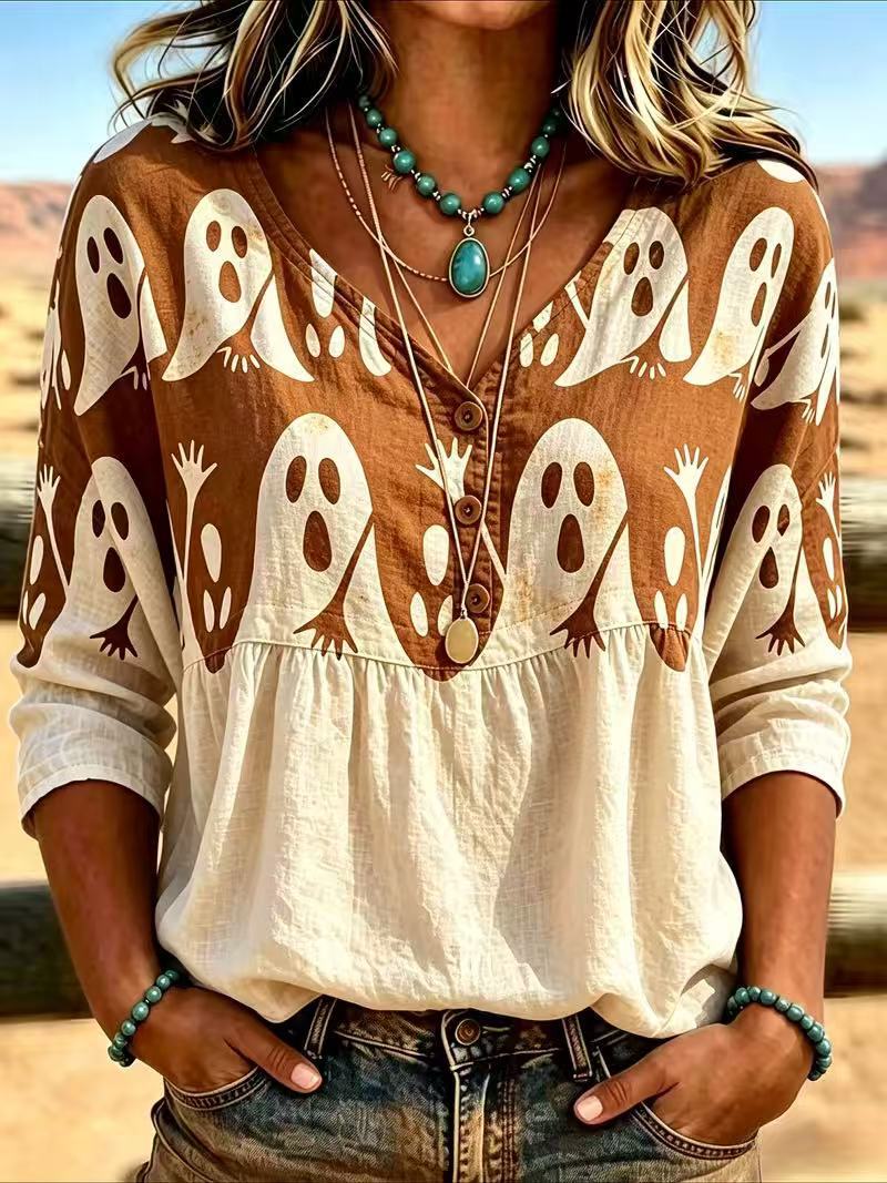 Halloween Ghost Print V-Neck Short Sleeve Women's T-Shirt