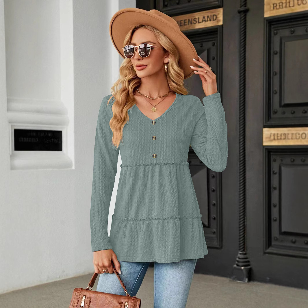 Solid V-Neck Buttoned Loose Long-Sleeve T-Shirt Top
