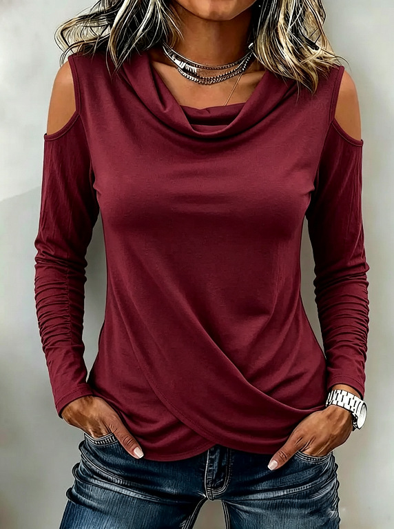 Women's Cowl Neck Cold Shoulder Long Sleeve Cross Hem Slim Fit Top