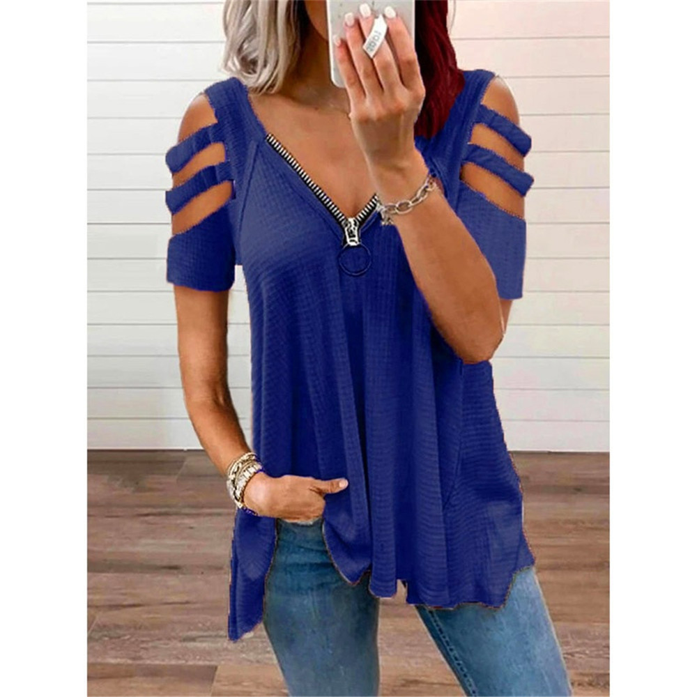Women's Cold-Shoulder Short-Sleeve V-Neck Zip Solid T-Shirt Top