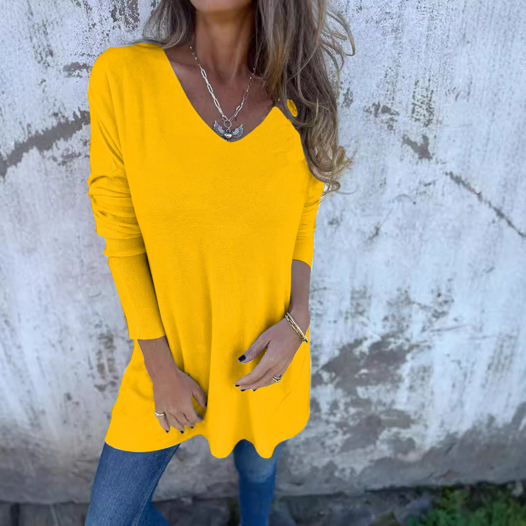 Women's Solid V-Neck Knit Sweater Loose Fit Long Sleeve Top