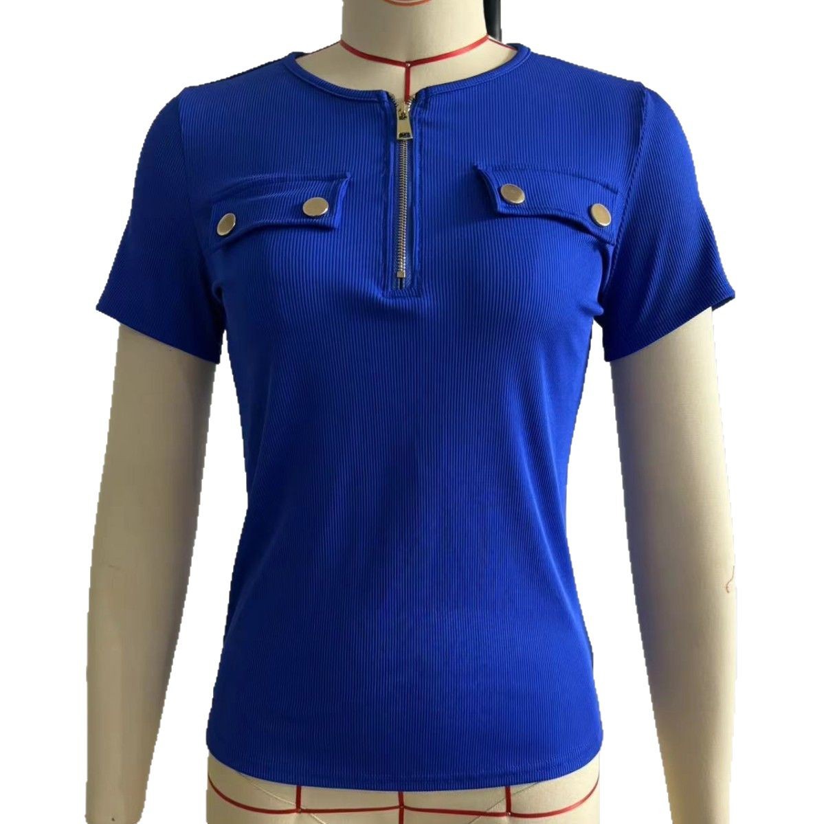 Women's Spring Summer V-Neck Zip-Up Knit Top Slim Fit Short Sleeve