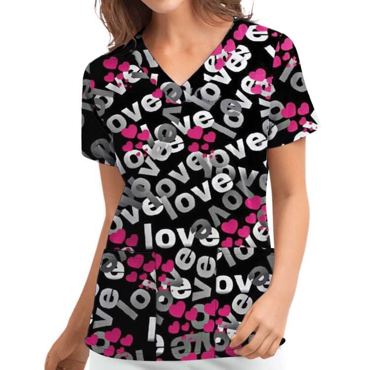 Digital Print Heart Short Sleeve Scrub Top V-Neck Loose Fit