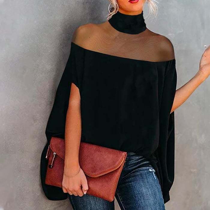 Women's Sheer Mesh Off-Shoulder Batwing Sleeve Top