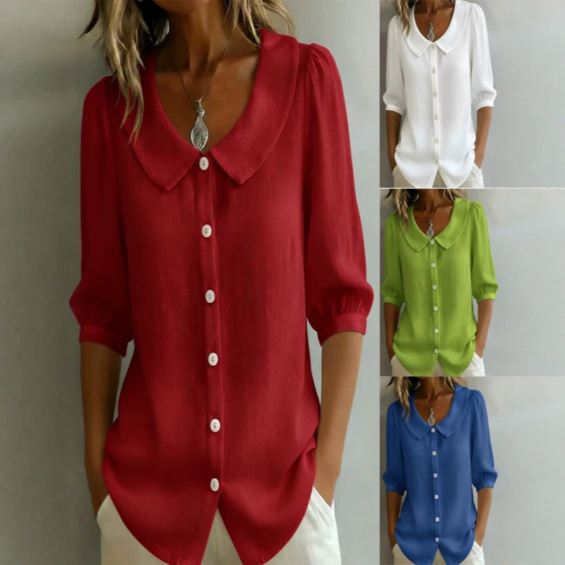 Women's Linen-Blend V-Neck Short-Sleeve Shirt Loose Casual Commuter Top