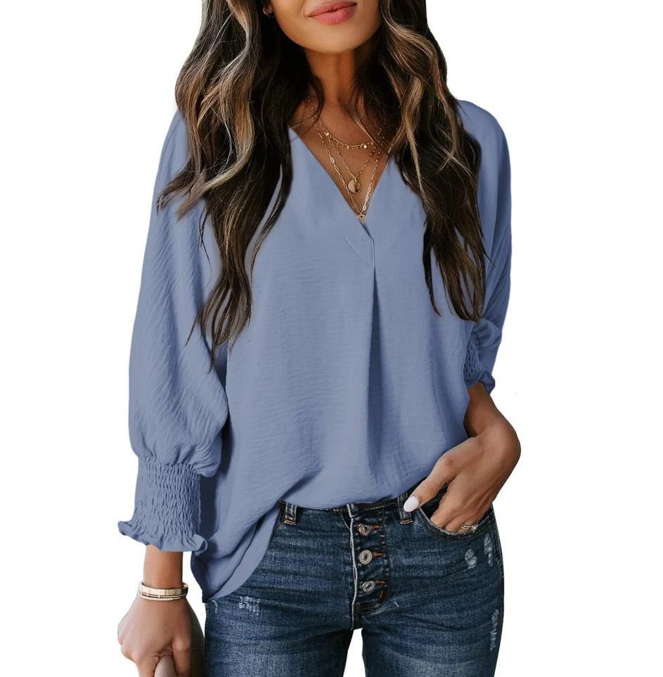 Women's V-Neck Long Sleeve Loose Blouse Top