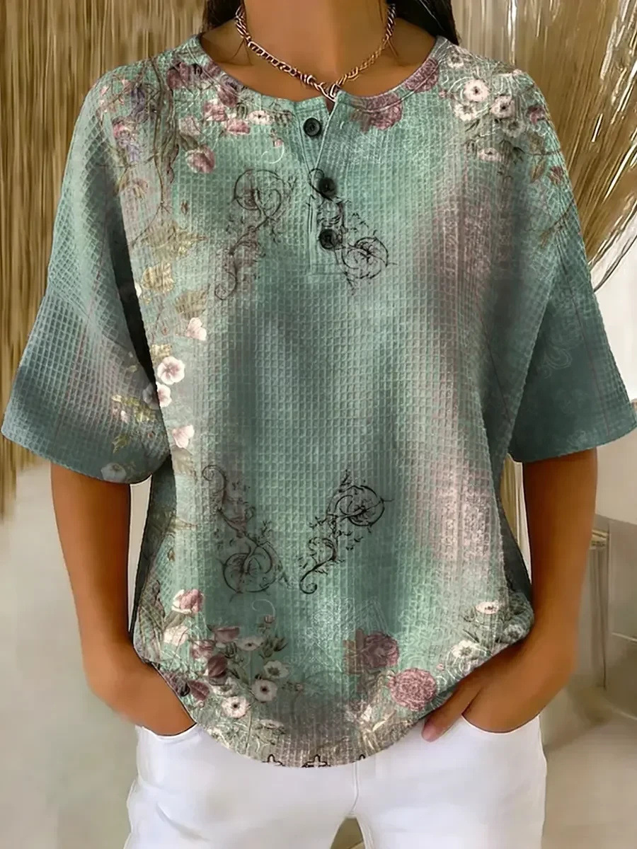 Floral Plaid Print Crewneck Short Sleeve Button Top