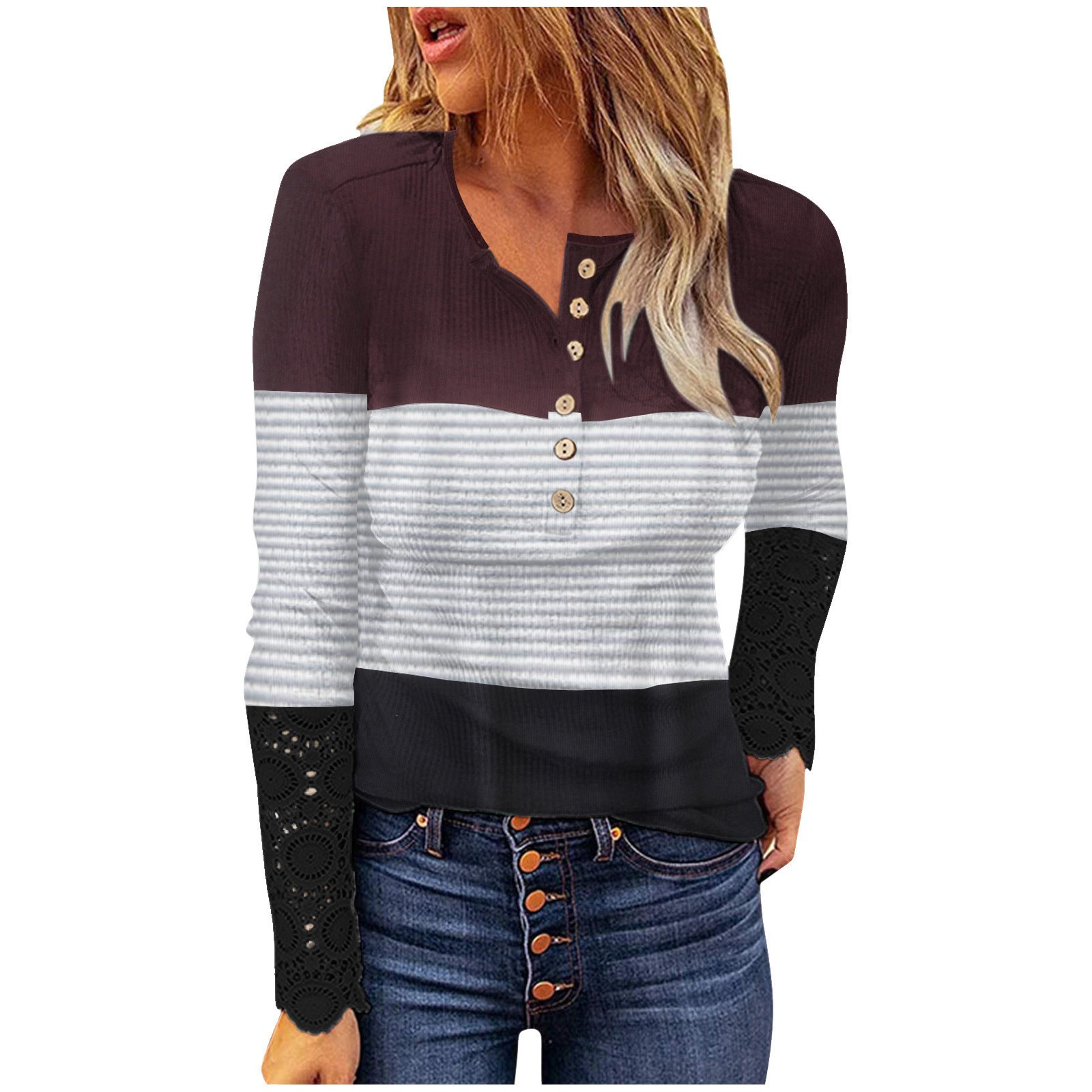 Lace Spliced Long Sleeve Ribbed Slim Fit Button Print Women's T-Shirt