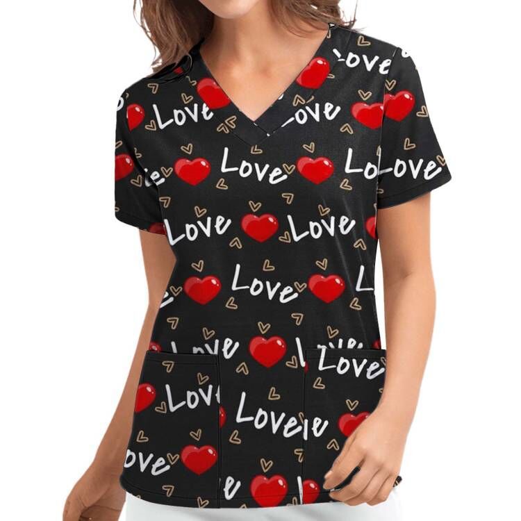 Digital Print Heart Short Sleeve Scrub Top V-Neck Loose Fit