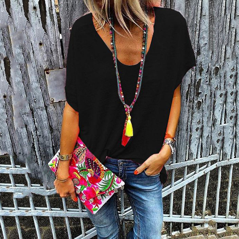 Candy Color V-Neck Short Sleeve T-Shirt for Women