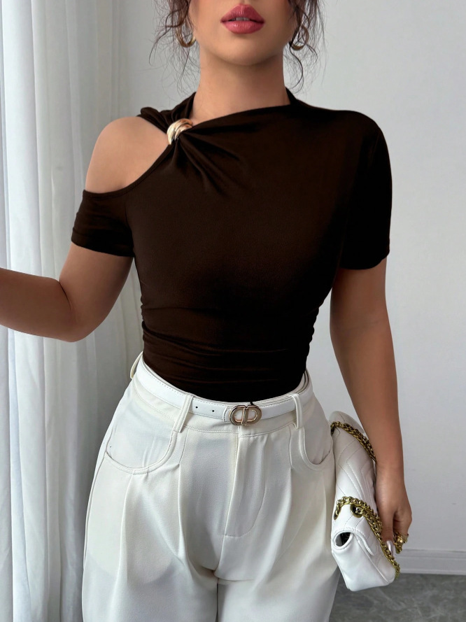 One-Shoulder Metallic-Trim Slim-Fit Knit Top