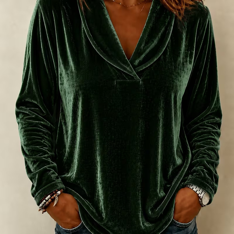 Women's Solid Velvet Long-Sleeve Doll-Collar Top