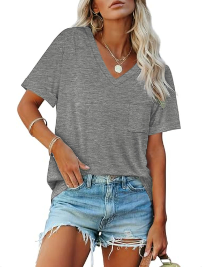 Women's Loose V-Neck Short Sleeve Pocket Solid T-Shirt