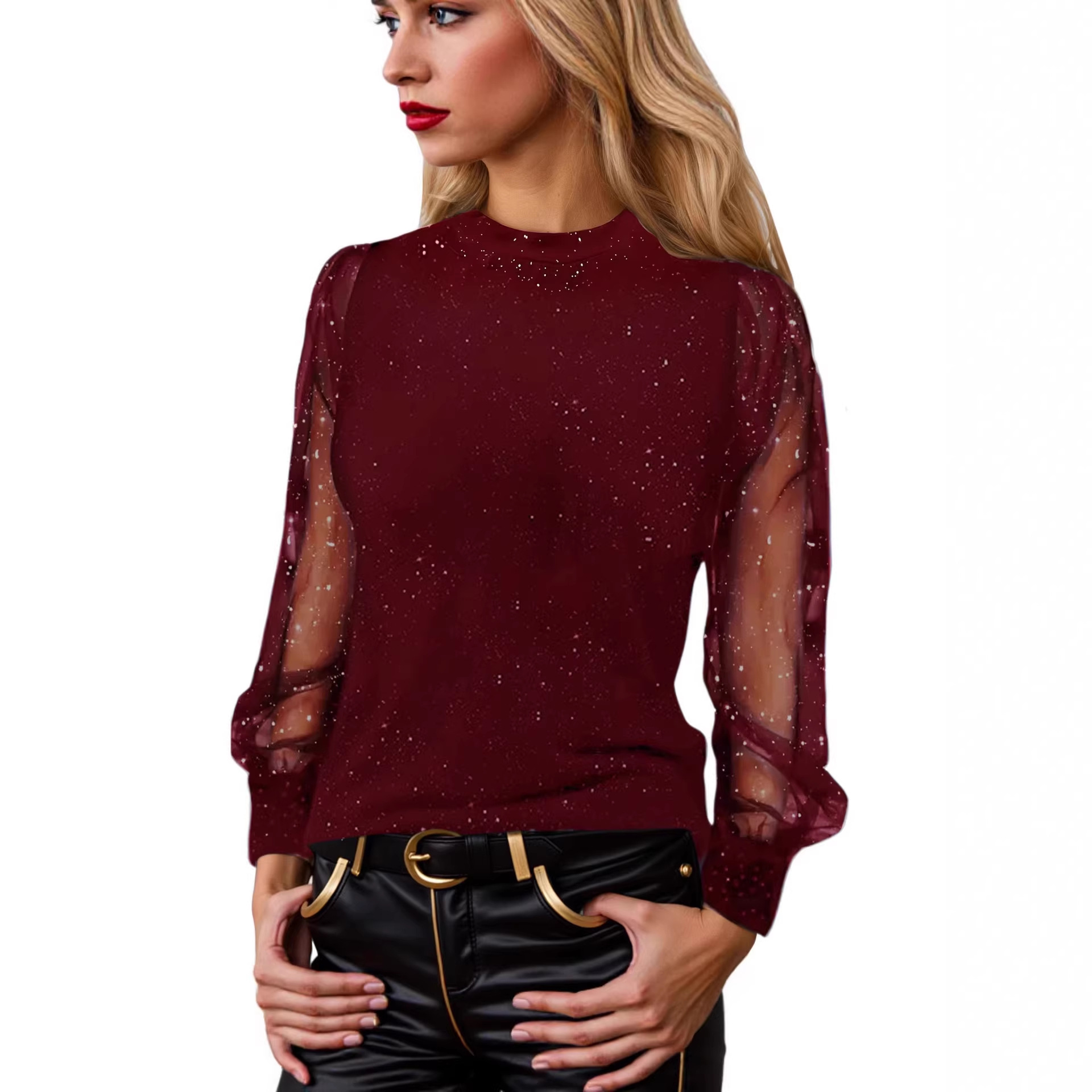 Women's Loose Crewneck Long Sleeve T-Shirt with Lace Mesh Splice