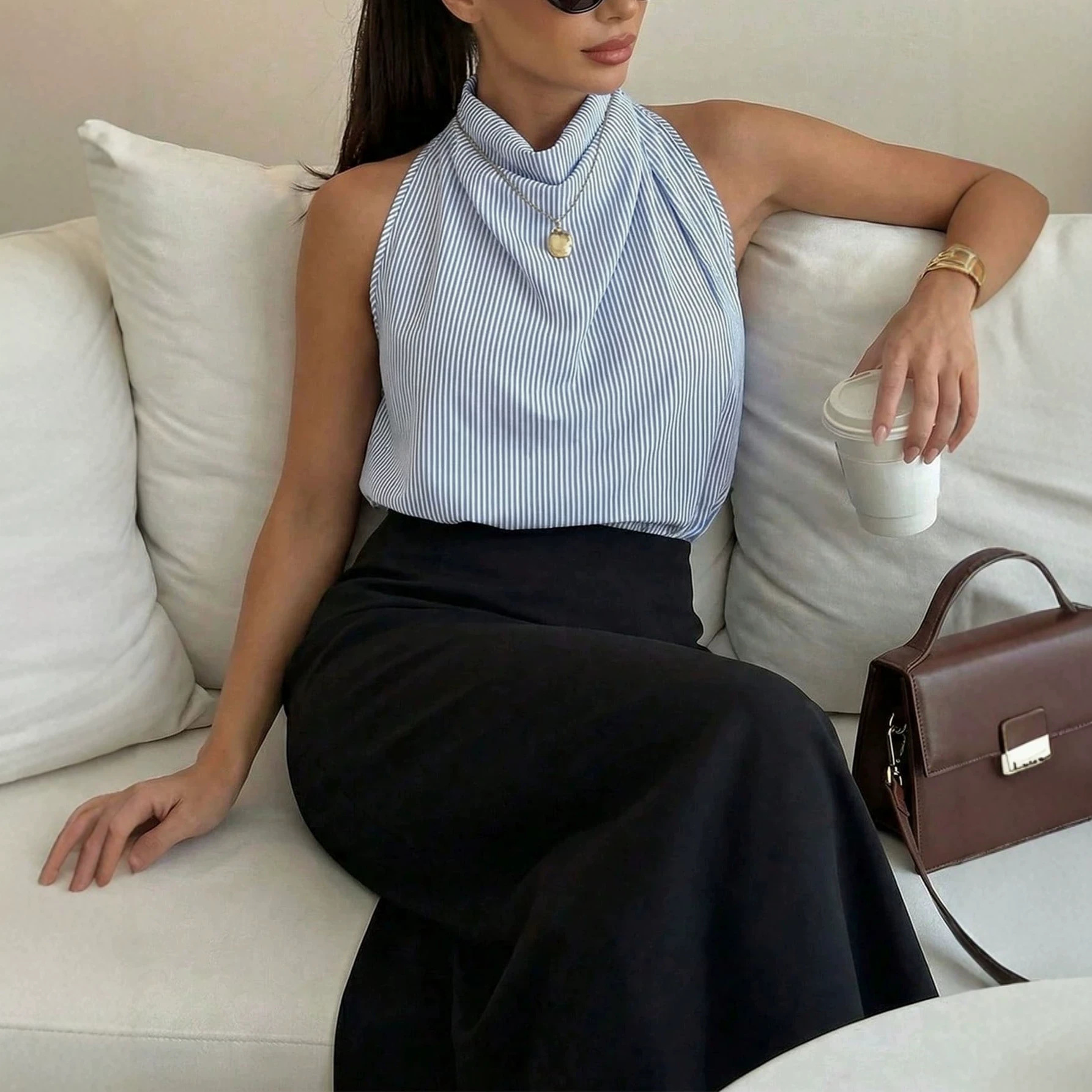 Women's Striped Sleeveless Cowl Neck Elegant Blouse