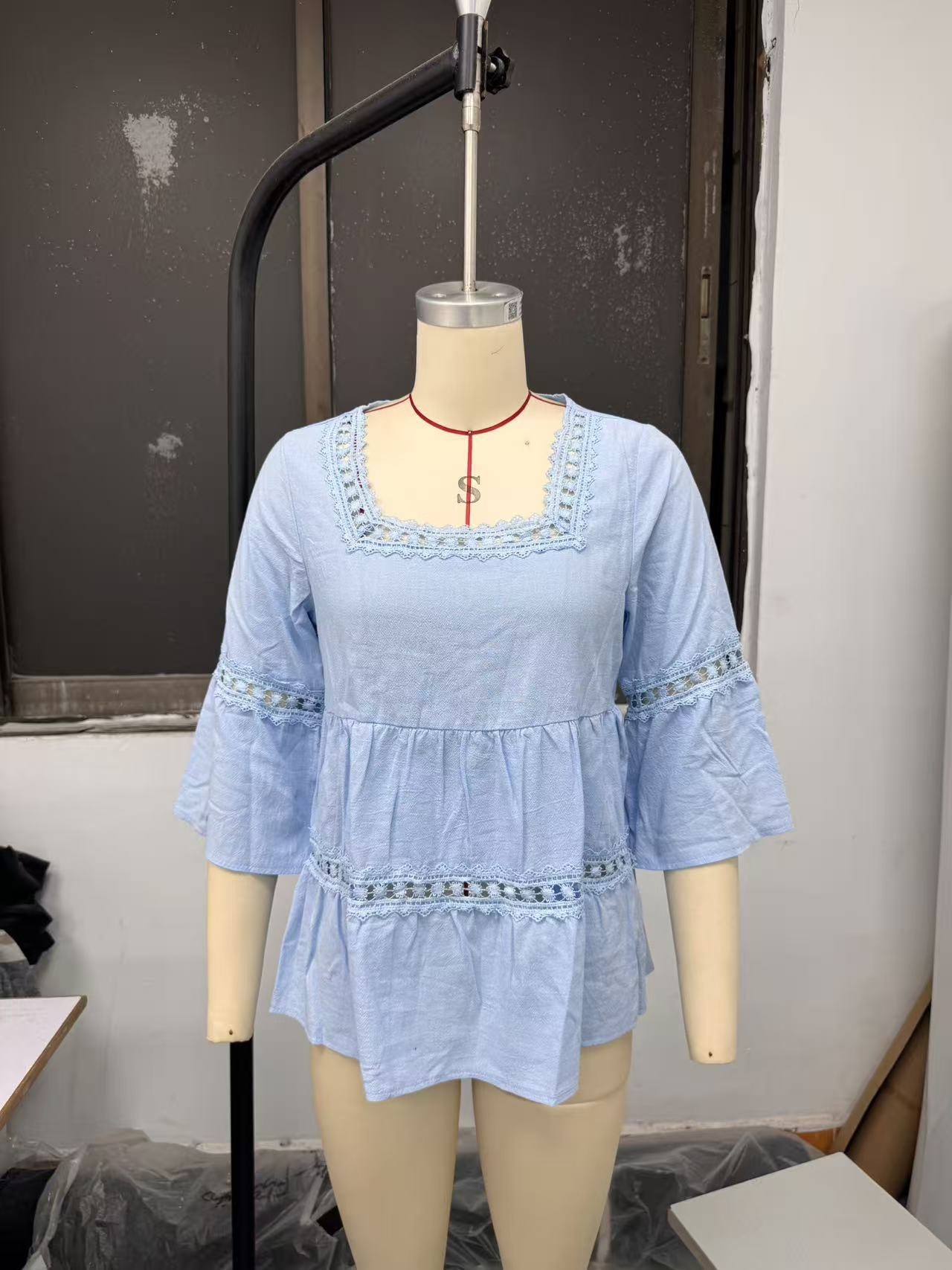 Women's Square Neck Cotton-Linen Lace Trim 3/4 Sleeve Top