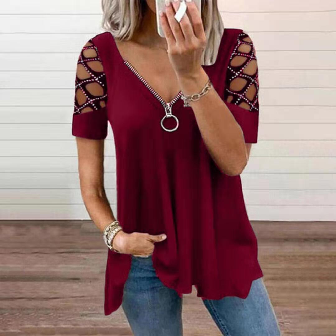 V-Neck Hollow-Out Short Sleeve Rhinestone Top
