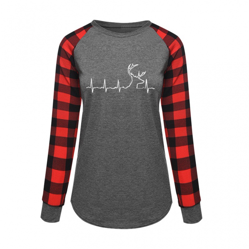 2024 Summer New Cross-Border European and American Women's Clothing Cross-Border European and American Spring and Autumn Plaid Print Round Neck Long Sleeve Top T-Shirt