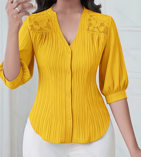 Lace-Trimmed V-Neck Mid-Sleeve Blouse with Pleated Button Front and Curved Hem