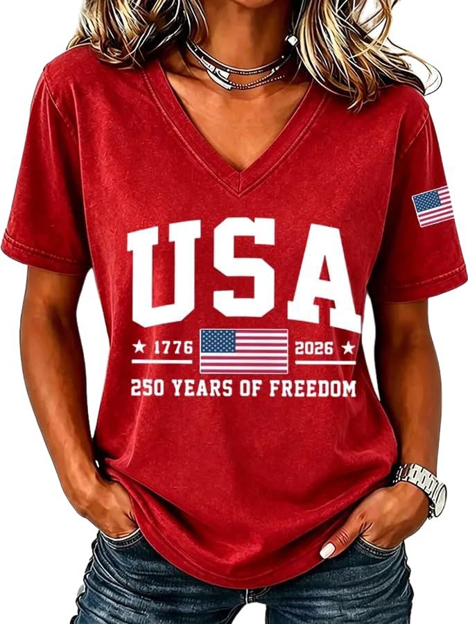 American Flag Print V-Neck Short Sleeve Women's T-Shirt
