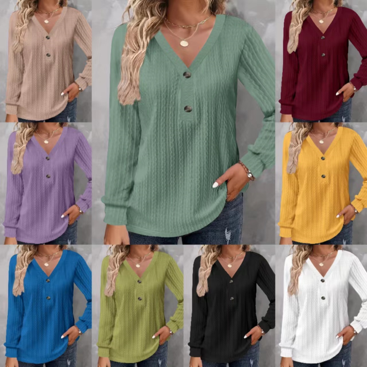 Women's Button V-Neck Long Sleeve Solid Color Casual T-Shirt Top