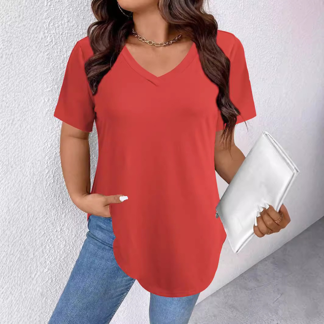 Women's Summer Solid V-Neck Short Sleeve Knit T-Shirt Loose Plus Size